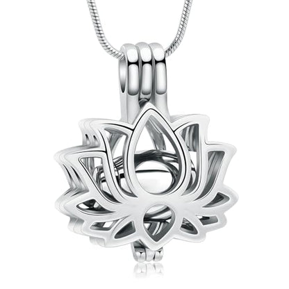 Cremation Jewelry Lotus Flower Urn Necklaces for Ashes Stainless Stell Memorial Ash Pendant Necklaces with Mini Urn Keepsake Ash Jewelry for Men Women Gifts with Funnel Filler Kit - color: Silver