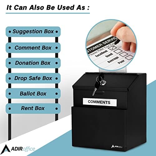 Adir Suggestion Box with Slot and Lock with 25 Comment Cards and Label Stickers, Black