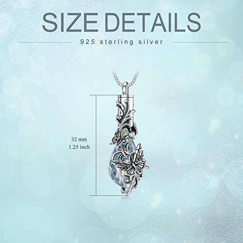 PELOVNY Urn Necklace for Ashes 925 Sterling Silver Butterfly Dragonfly Bee Phoenix Hummingbird Urn Necklaces Animal Crystal Cremation Jewelry for Ashes Cat Dog Pet Memorial Gifts - color: 01-Butterfly Teardrop Urn