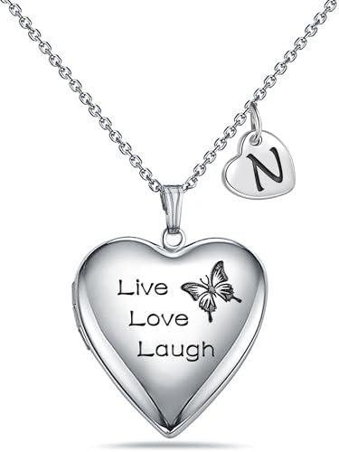 MUERDOU Butterfly Locket Necklace that Holds Pictures Initial Alphabet Letter Heart Shaped Photo Memory Locket Pendant Necklace - style: N