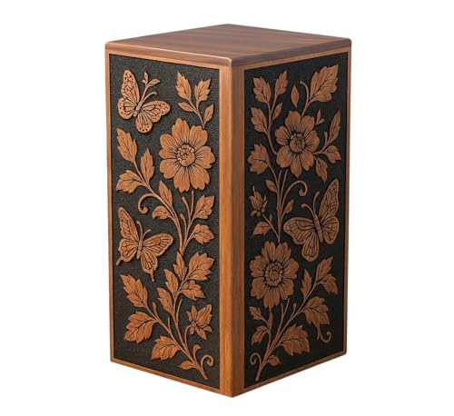 Rosewood Cremation Urn for Human Ashes – Handmade Wooden Memorial Urn Box with Floral & Butterfly Engraving Design – Decorative Funeral Urn for Ashes (5"X3"X3" inches and 20 cu/in) - size: 5"X3"X3" inches and 20 cu/in