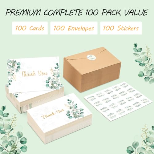 100PK Thank You Cards With Envelopes Bulk: 4x6 Blank Thank You Notes & Stickers Baby Shower Wedding Small Business - Floral Leaves Teacher Appreciation Gift for Graduation Kids Birthday Bridal (100 PACK)