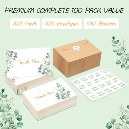 100PK Thank You Cards With Envelopes Bulk: 4x6 Blank Thank You Notes & Stickers Baby Shower Wedding Small Business - Floral Leaves Teacher Appreciation Gift for Graduation Kids Birthday Bridal (100 PACK)