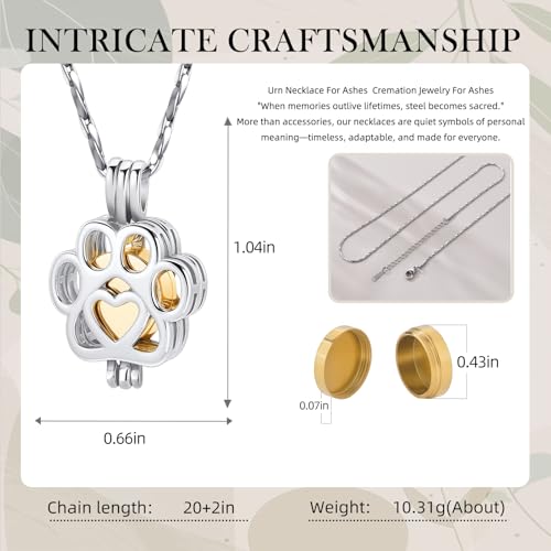 Paw Print Urn Necklace for Pet Ashes Stainless Steel Memorial Locket Cremation Jewelry Dog/Cat Keepsake Pendant with Mini Case Sympathy Gift for Pet Lovers Women Men - color: Silver-Gold