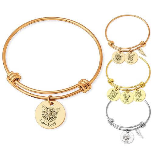 Anavia 1/2/3/4 Disc Pet Portrait Bangle Bracelet, Personalized Pet Memorial Expandable Charm Bracelet Jewelry Gift, Customized Round Disc Photo Engraved Dog Cat Bracelet for Animal Lovers - color: Rose Gold, size: Large - 1 Disc