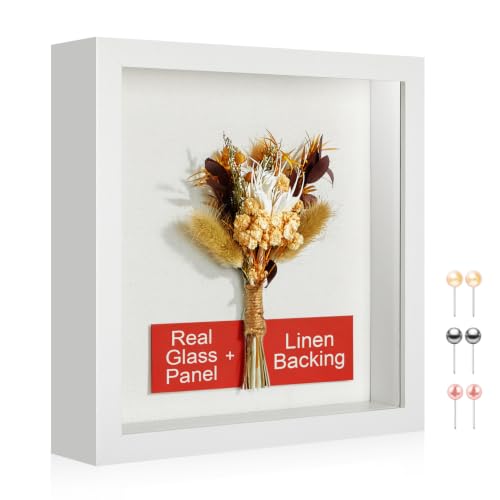 11x11 Shadow Box Picture Frame with Real Glass Panel and Linen Back | With Push Pins and Stand, Deep 1.2" White Shadow Box Display Case – Display on Tabletop or Wall for Photo, Wedding, Keepsake - color: White + Thickened Panel + Foam Packaging, size: 11x