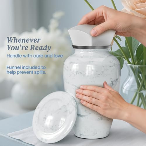 Cremation Urns for Human Ashes Adult Female & Male - Large (10.5H x 6.25W) | Handcrafted Urn for Human Adult Man & Woman - Decorative Funeral Urns - Memorial Urn with White Marble Finish - size: Large, style: White Marble Finish