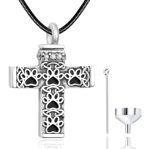Dreamboat Pet Urn Necklace for Dog Cat Ashes 925 Sterling Silver Paw Print Cremation Keepsake Pendant Celtic Knot Memorial Jewelry Gifts for Women Men - style: 02A-Cross (Silver)