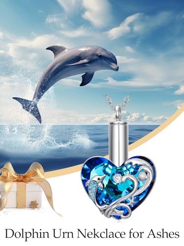 TOUPOP Sterling Silver Urn Necklace for Ashes with Crystal Memorial Keepsake Dragonfly/Butterfly/Cardinal/Cat/Dolphin Cremeation Jewelry Birthday Mothers Day Christmas Gifts for Her Women - style: Turquoise Dolphin