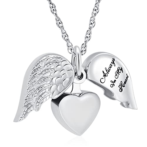 shajwo Cremation Jewelry Angel Wing Heart Urn Necklaces for Ashes Memorial Keepsake Pendant for Women Men - style: 1-Silver