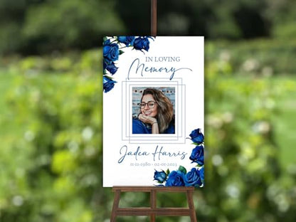 Blue Roses Funeral Welcome Sign, Blue Flowers Celebration of Life Welcome Sign, in Loving Memory Sign, Celebration of Life, Celebration of Life Sign, Memorial Sign with Photo,Funeral Welcome Sign # - color: Version #27