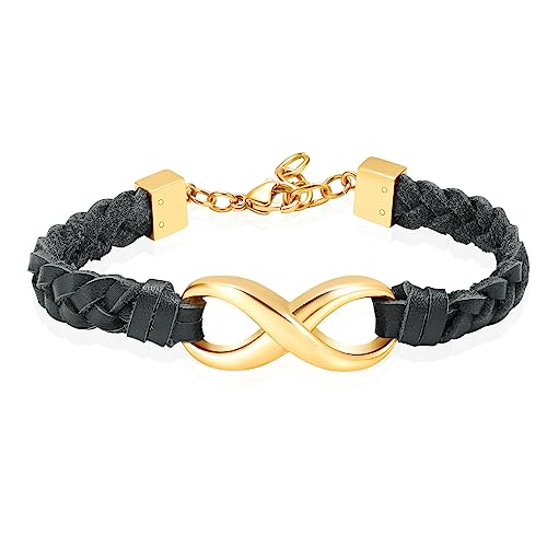 Infinity Cremation Bracelet for Ashes Genuine Leather Memorial Urn Bangle for Human Stainless Steel Keepsake Bracelet Jewelry for Women Men - color: Black-Gold
