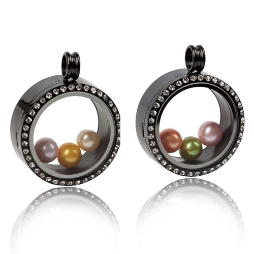 2PCS 30MM Floating Charm Locket Necklace with 6 Freshwater Pearls/Beads,316L Stainless Steel Clear Glass Locket,Small Waterproof Living Memory Pendant for Women(Without Chain) - color: Crystal Black