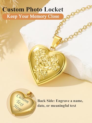 Custom4U Personalized Heart Locket Necklace with Pictures,Sunflower/Angel Wings/Heart Shaped Lockets Custom Photo,Gold/Rose Gold/White Lockets That Holds Picture,Customized Memorial Jewelry for Women - color: C-Heart-Gold(Locket + Photo + Engraving)