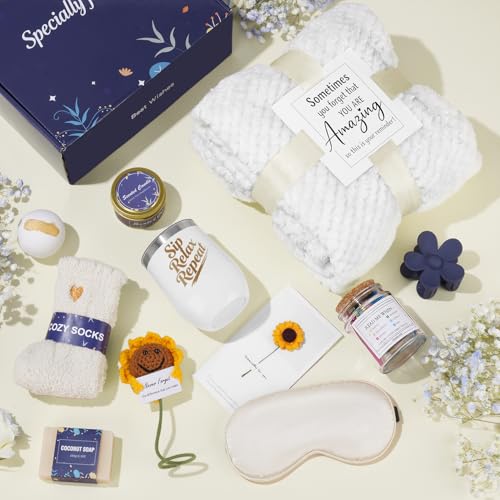 Birthday Gifts Baskets for Women,Sympathy,Sending Sunshine Get Well Soon,Self Care Relaxing Package,After Surgery,11pcs Spa Set,Luxury Gifts for Women Mom Her Wife Friends w/Blanket Cozy Socks