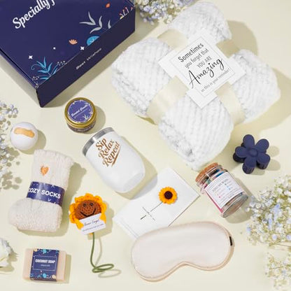 Birthday Gifts Baskets for Women,Sympathy,Sending Sunshine Get Well Soon,Self Care Relaxing Package,After Surgery,11pcs Spa Set,Luxury Gifts for Women Mom Her Wife Friends w/Blanket Cozy Socks