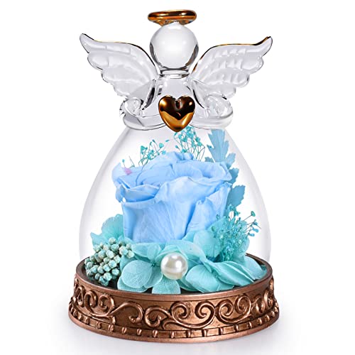 Preserved Real Rose in Glass Angel Figurine with LED Light, Angel Gifts for Women, Mom, Grandma on Mother's Day Christmas Birthday (Blue) - color: Blue