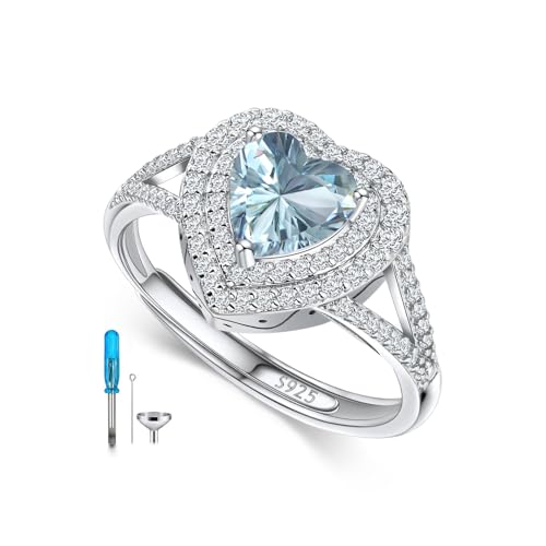 AOBOCO Sterling Silver Heart Birthstone Cremation Ring Holds Loved One's Ashes, Heart Urn Ring for Women, Memorial Keepsake Embellished with Austrian Crystals size 6-9 Adjustable Ring - color: 03-aquamarine-Mar