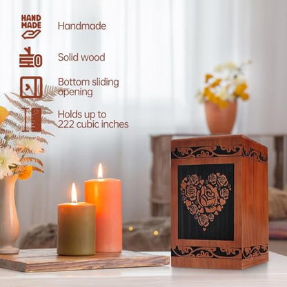 Wooden Cremation Urn for Human Ashes,Wooden Carved Rugosa Rose Cremation Urns,Holds 250 Cubic Inches,Cat and Dog Pet Urns,Decorative Funeral Urn Box and Casket