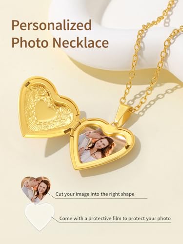 FindChic Locket Necklace for Women Custom Photo Memorial Gifts Multi-Shaped - color: Gold-Heart to Heart