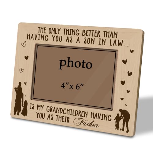 Sentimental Gift for Son in Law Picture Frame for 4 x 6 Photo, Rustic Wooden Tabletop Keepsake with Grandchildren Father Quote, Heartfelt Father’s Day Gift - color: Father15