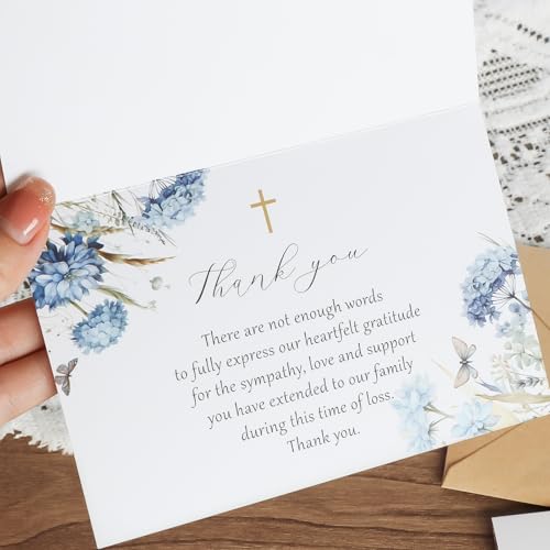 50 Pack Flower Funeral Thank You Cards with Envelopes, Blue, 4×6 In | Watercolor Design Bereavement Cards, Message Inside, for Funeral Family Friends Loved Ones, Celebration of Life - color: 50 Blue
