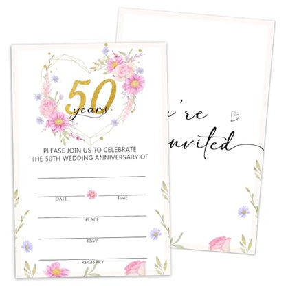 50 Years Anniversary Bridal Shower Invitations Cards, Set of 25 Pink Floral Fill in Style 50th Year Wedding Invites Cards with Envelopes for Couples Marriage Party Supplies-T06 - color: 50 Years-02