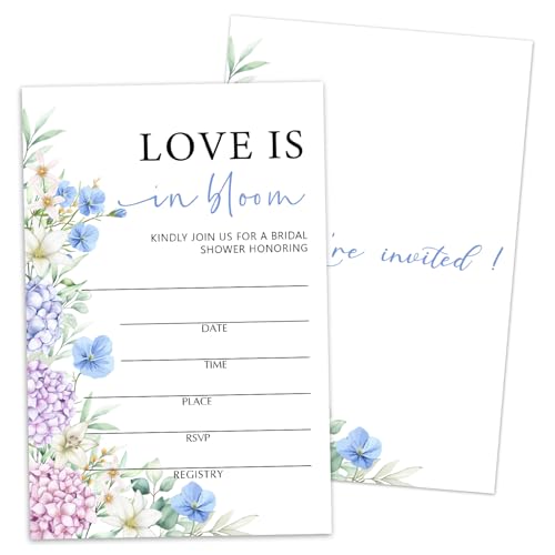 Bridal Shower Invitations with Envelopes, Love Is In Bloom, 25 Floral Fill In Invites for Mr and Mrs New Couples, Wedding & Bridal Shower Party Favor Decorations -N14 - color: Hydrangea