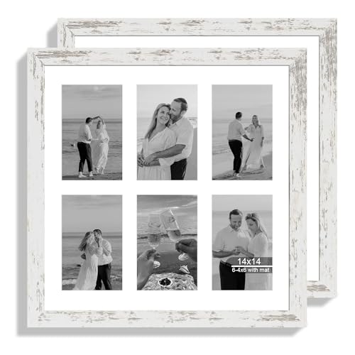 Hongkee 14x14 Squrae Frame Set of 2, Display Six 4x6 with Mat - Real Glass - color: Distressed White, size: 14x14 in matted to 6-4x6
