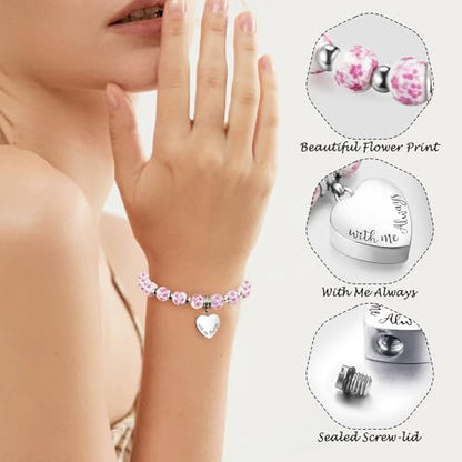 XIUDA Heart Cremation Memorial Urn Bracelet 316L Stainless Steel Keepsake Jewelry Urn Bracelet for Ashes for Women-With Me Always - style: Pink Flower