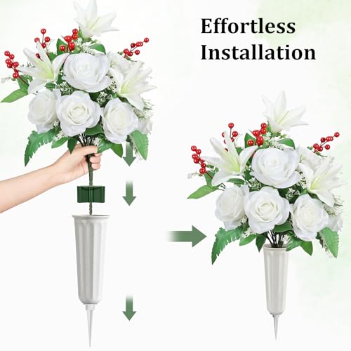 Lewondr Artificial Cemetery Flowers with Vase for Grave, White Lily, 2 Pack - color: Pure White
