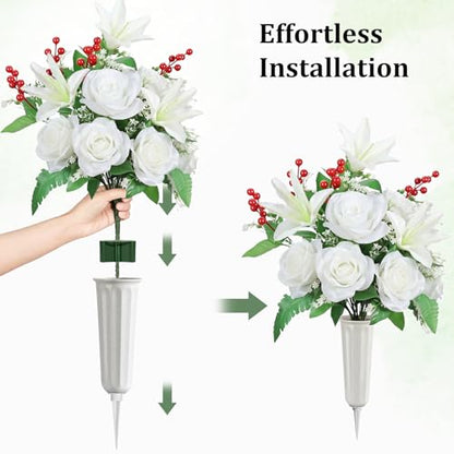 Lewondr Artificial Cemetery Flowers with Vase for Grave, White Lily, 2 Pack - color: Pure White