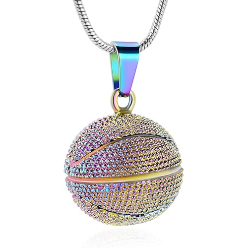 Basketball Urn Necklace for Ashes Sport Cremation Jewelry Stainless Steel Football Memorial Necklaces Ash Holder for Human Pets Keepsake Jewelry for Sport Lover Men with Fill Tool - color: Rainbow