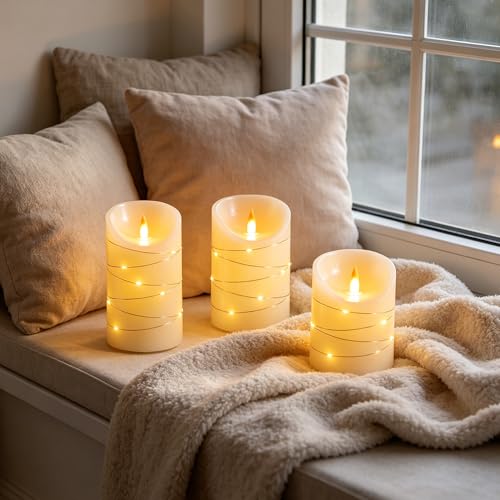 Rechargeable LED Candles, Real Wax, 4 5 6 in, Ivory, 3 Pack | USB rechargeable real wax candles with remote, timer and star lights - color: Ivory White