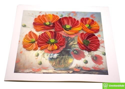 GREENHANDSHAKE Poppies Bouquet in Vase, quilling art greeting card for birthday, valentine's day, mother's day, anniversary, thank you, get well, 6" x 6" - style: Poppies Bouquet in Vase