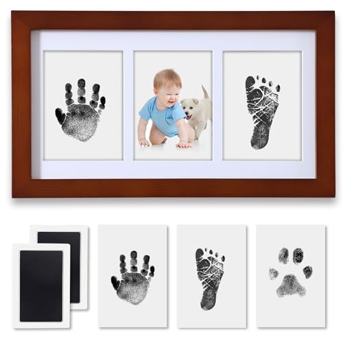Hand and Footprint Kit,Inkless Handprint Kit with 2 Safe Clean-Touch Ink Pads and a Wooden Picture Frame, Gifts for New Parents, Shower-Walnut - color: Walnut