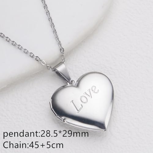 Heart Locket Necklace Pendant Dainty Memorial Keepsake Locket Necklace That Holds Pictures Stainless Steel Heart Photo Box Necklace for Women Lover Mother Father Daughter Son Fashion Jewelry Gifts - color: 02Silver