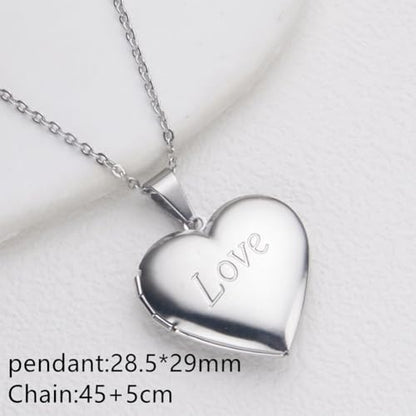 Heart Locket Necklace Pendant Dainty Memorial Keepsake Locket Necklace That Holds Pictures Stainless Steel Heart Photo Box Necklace for Women Lover Mother Father Daughter Son Fashion Jewelry Gifts - color: 02Silver