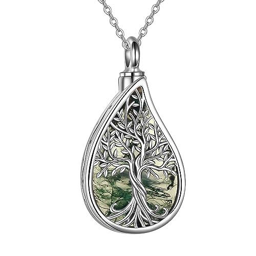URONE Urn Necklaces for Ashes 925 Sterling Silver Abalone Shell Tree of Life Cremation Jewelry for Ashes Memory Jewelry for Women Men - style: moss agate tree