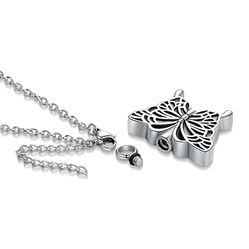 Turtle Angel Dog Butterfly Cremation Jewelry for Ashes Stainless Steel Urn Necklace Ash Holder for Women Men - style: Silver Butterfly