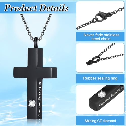Yinkin 8 Pcs Urn Necklace for Ashes Cremation Cross Necklace Stainless Steel Cremation Jewelry Ashes Memorial Jewelry for Men Women (Black) - color: Black