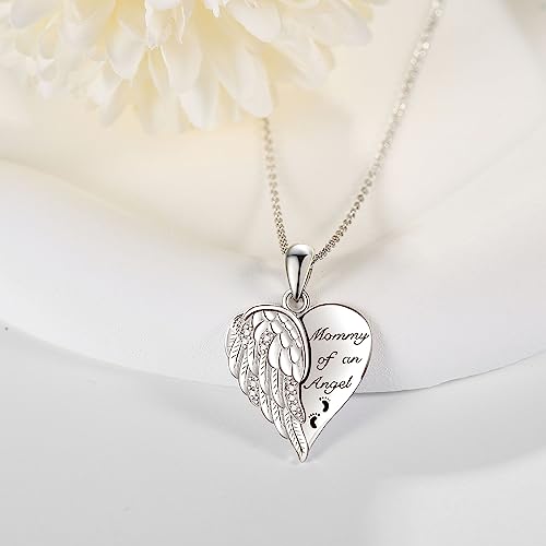 YFN Guardian Angel Wings Heart Necklace Sterling Silver Angel Wings Memorial Sympathy Jewelry for Women Girls Gifts - style: Mommy of an Angel