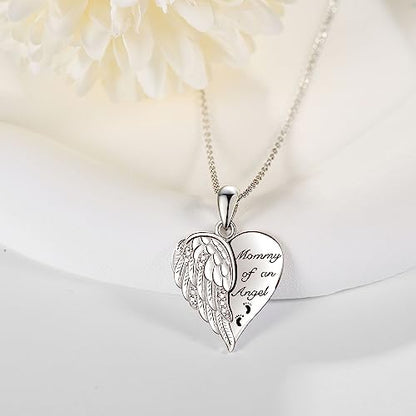 YFN Guardian Angel Wings Heart Necklace Sterling Silver Angel Wings Memorial Sympathy Jewelry for Women Girls Gifts - style: Mommy of an Angel