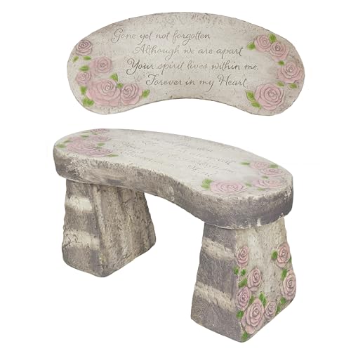 Alpine Corporation Rose Memorial Garden Bench, YEN626S - 29" Long, Outdoor Garden Décor Bench with Carved Sentiment Gone Yet Not Forgotten, Pink Roses