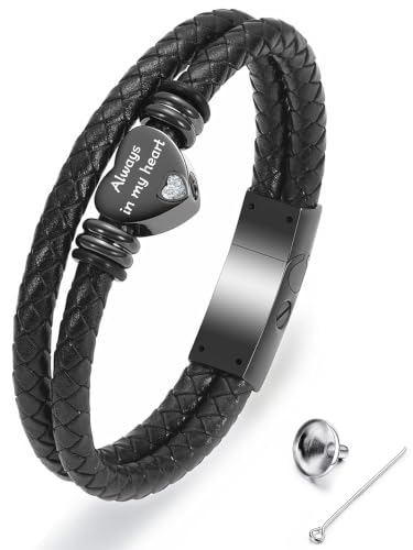 YOUFENG Urn Bracelet for Human Ashes Leather Cremation Knot Cross Bracelet Stainless Steel Keepsake Cuff Bangle Jewelry for Men - color: Heart