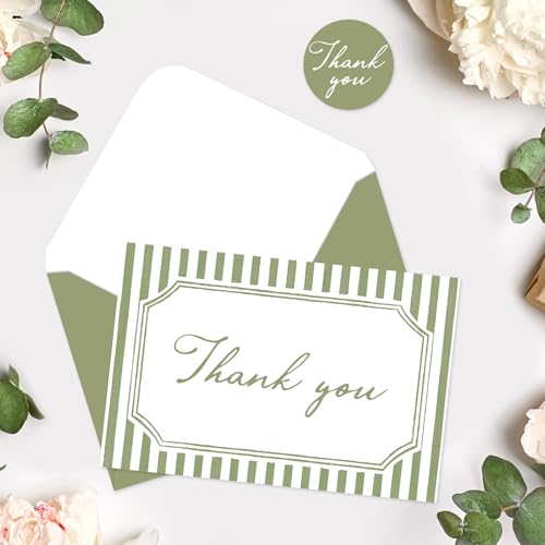 Whaline 24Pcs Sage Green Thank You Cards with Envelopes & Stickers | Blank Note Cards, Minimalist Green Stripe, Wedding Birthday Baby Shower, 4 x 6 Inch - color: Sage Green