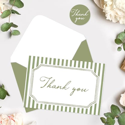 Whaline 24Pcs Sage Green Thank You Cards with Envelopes & Stickers | Blank Note Cards, Minimalist Green Stripe, Wedding Birthday Baby Shower, 4 x 6 Inch - color: Sage Green