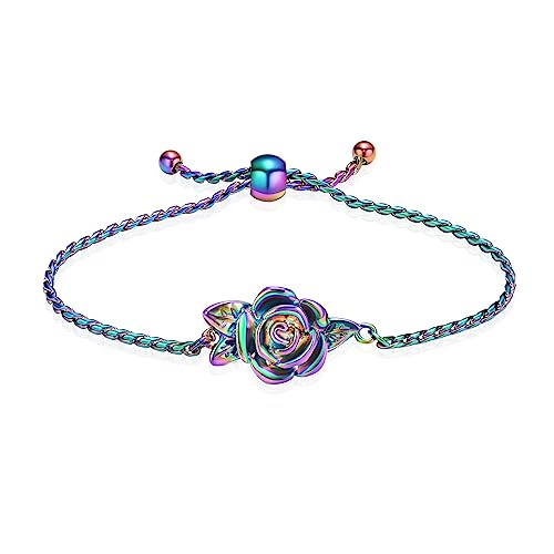 Minicremation Women's Adjustable Rose Urn Bracelet Ashes Holder Memorial Elegant Link Chain Keepsake Cremation Bangle to Hold Ashes - color: Colorful-B