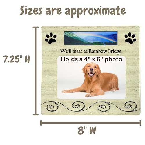 Pet Memorial Picture Frame for Dogs or Cats, “We’ll Meet at Rainbow Bridge” Sympathy Gift, Holds 4x6 Horizontal Photo, 8 x 7.25 Inch Bereavement Frame for Loss of Dog, Cat, Puppy or Kitty