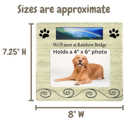 Pet Memorial Picture Frame for Dogs or Cats, “We’ll Meet at Rainbow Bridge” Sympathy Gift, Holds 4x6 Horizontal Photo, 8 x 7.25 Inch Bereavement Frame for Loss of Dog, Cat, Puppy or Kitty